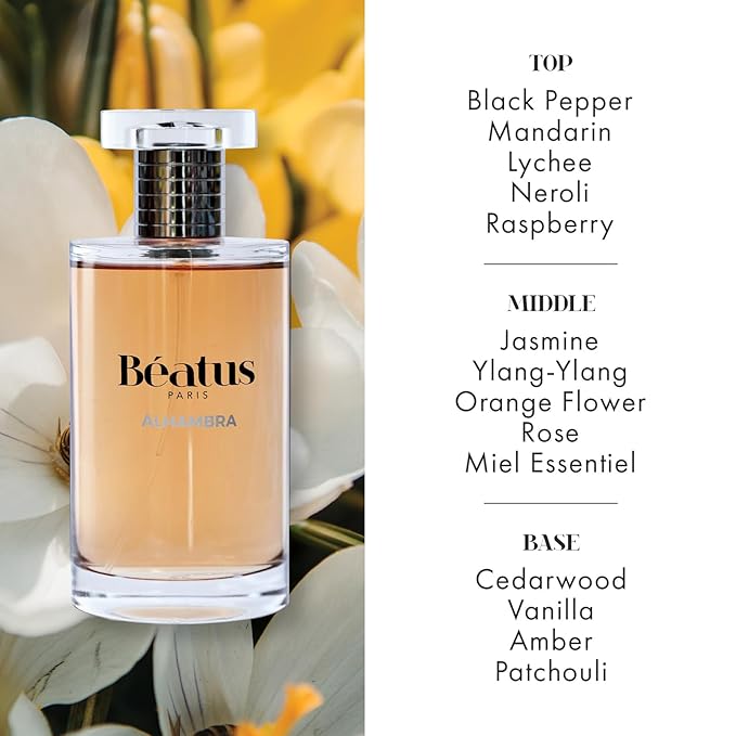Beatus Paris Alhambra - Luxury Perfume for Women - Eau de Parfum - Long-Lasting Floral Fragrance - Notes of Black Pepper, Mandarin, Jasmine, Vanilla Scent - All Day Wear Travel Size EDP Spray - 3.4 oz