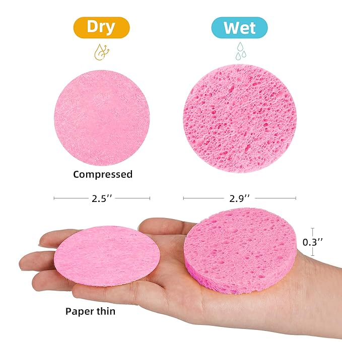 50-Count Compressed Facial Sponges|Kickleen 100% Natural Cellulose Cosmetic Spa Sponges for Daily Facial Cleansing|Makeup and Mask Removal|Exfoliating|Skin Massage|Pore Exfoliation (50 Count (Pink))