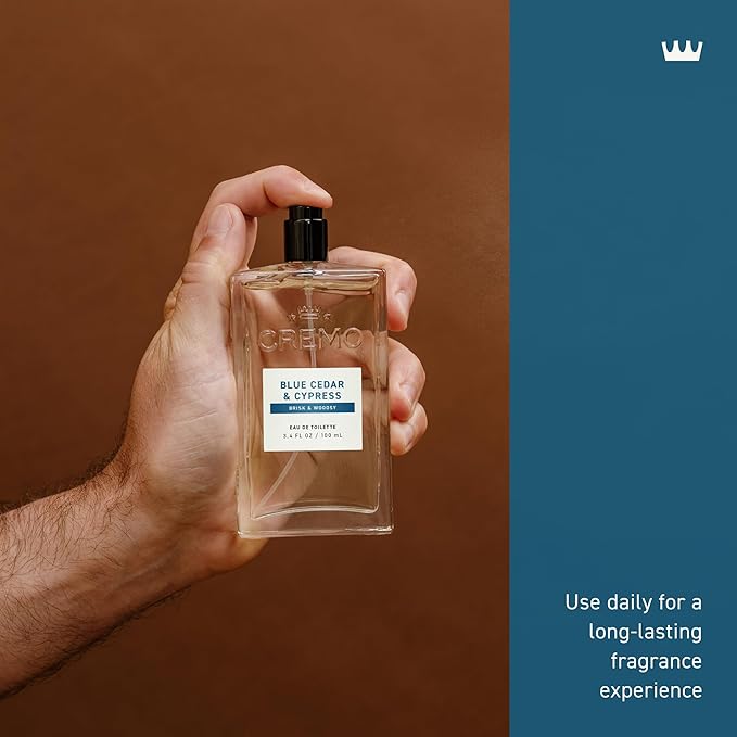 Cremo Cologne for Men - Blue Cedar & Cypress Mens Cologne Spray- A Woodsy Scent with Notes of Lemon Leaf, Cypress and Cedar, Fragrances For Men, 3.4 Fl Oz