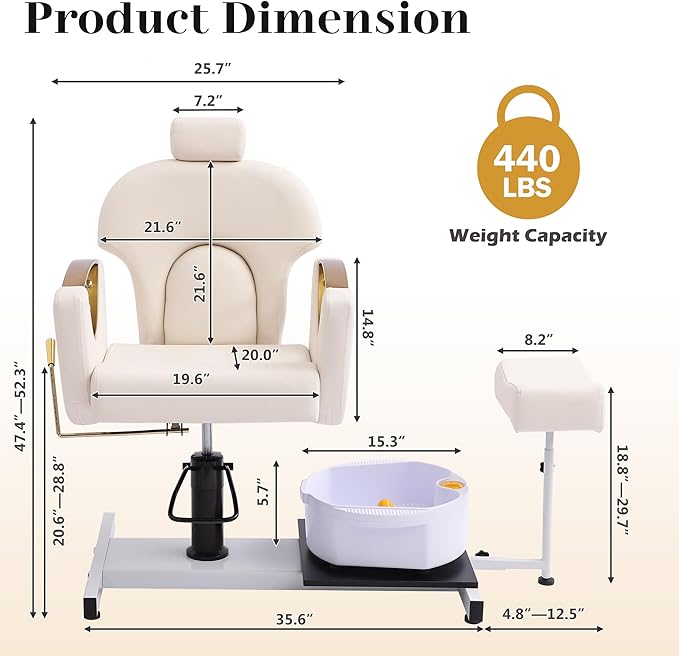 Pedicure Station No Plumbing, Hydraulic Pedicure Chair for Nail Tech, Height Adjustable Reclining Pedicure Station Unit, 360 Degree Swivel Foot Spa Chair with Massage Foot Bath (White-Golden)