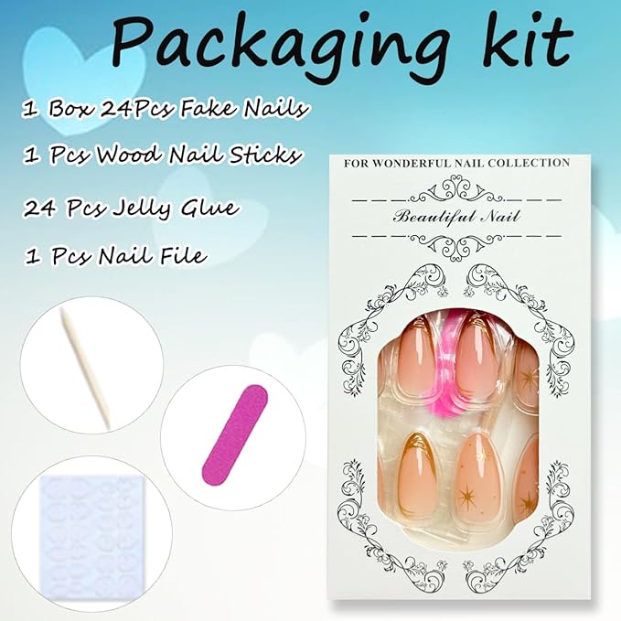 Gold French Tip Press on Nails Almond Medium Length Fake Nails with Star Designs Glossy Nude False Nails Full Cover Glue on Nails Gold Acrylic Nails Press on French Nails for Women Manicure 24Pcs