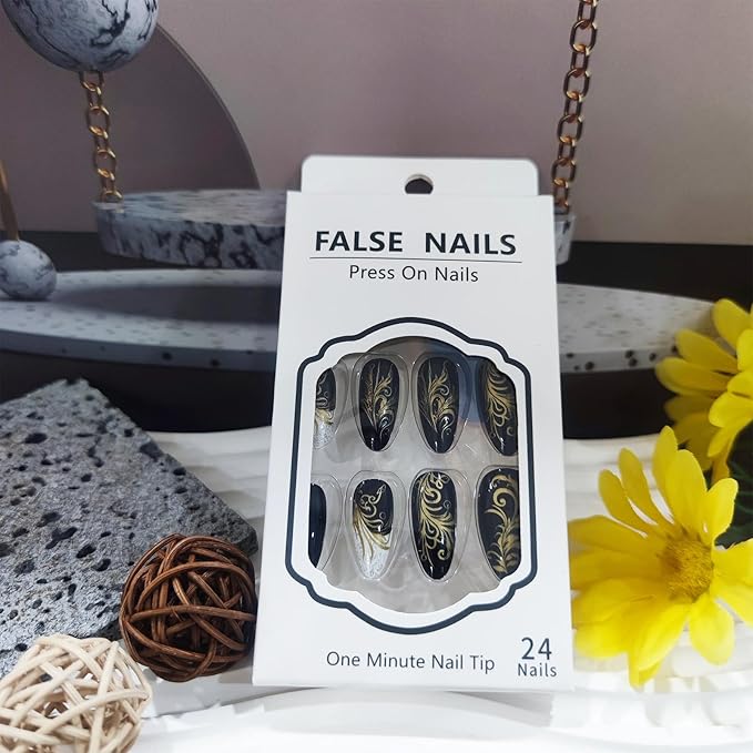 Gold Leaves Press on Nails White French Gel Glue on Fingernails Curve Line Medium Almond False Nail 24Pcs Glossy Silver Glitter Stick on Nail Acrylic Full Cover Fake Nails for Holiday Manicure Art