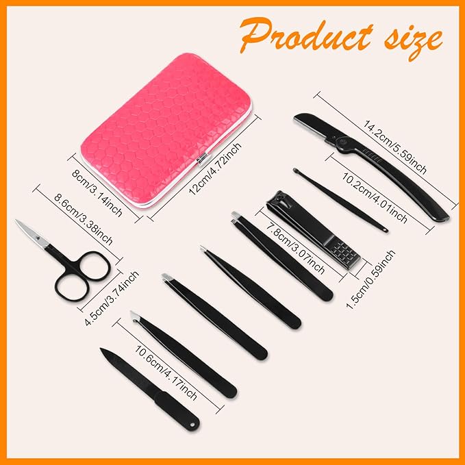 Yougai Tweezers Set, 9 Pcs Professional Stainless Steel Tweezers Kit for Women Facial Hair, Precision Eyebrow Tweezer Kit with Curved Scissors and Eyebrow Razor for Ingrown Hair Removal
