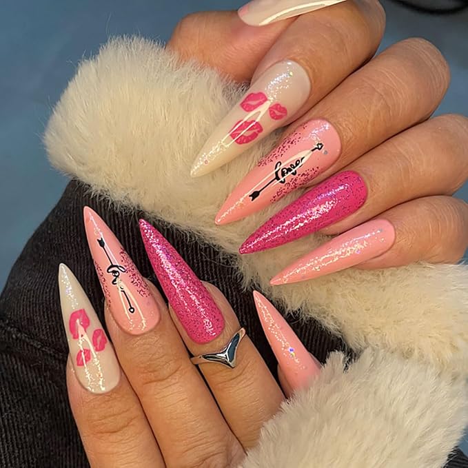 Yivaiks Pink Stiletto Press on Nails Extra Long Fake Nails With Designs Valentines Day Full Cover Artificial Nail Sharp Pointed Glue on Nails Acrylic Stick on False Nail Tips for Women
