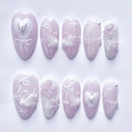 24Pcs White Bow Press on Nails Medium Almond Fake Nails with Pearl Heart Rhinestones Design False Nails Purple Flower Glue on Nails Cute Bows Floral Acrylic Nails Full Cover Stick on Nails for Women