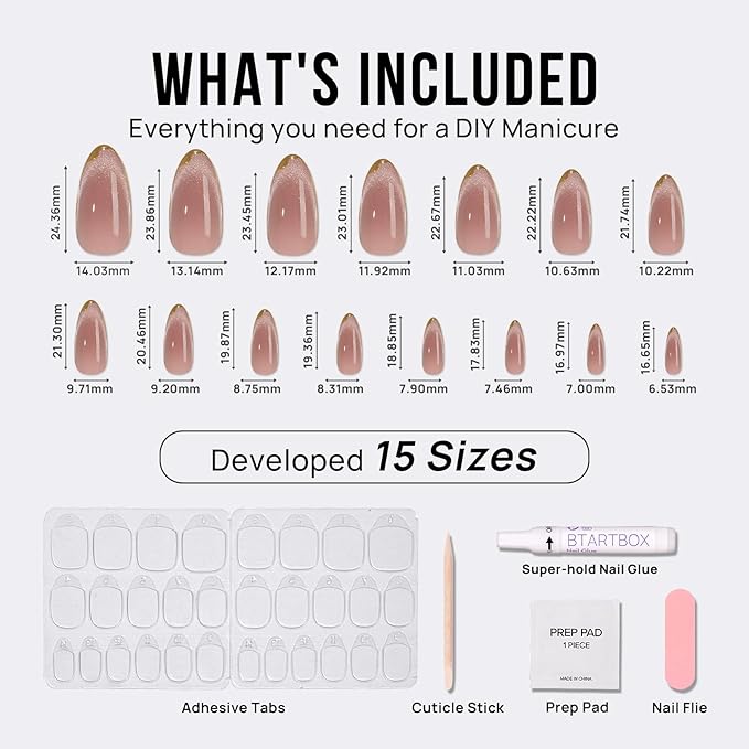 BTArtbox Press On Nails Almond - Knightshield, Cat Eye Press On Nails Medium Fake Nails with 3D Sculpting Metallic Design, Supremely Fit & Glossy Glue On Nails in 15 Sizes, 30 Stick On Nail Kit