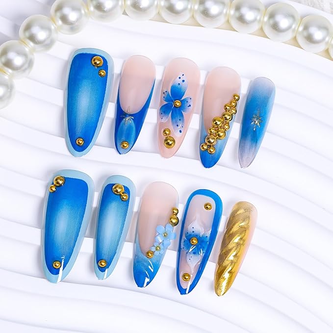 10Pcs Handmade Blue Flower Press on Nails Medium Almond French Tip Fake Nails Gold Rhinestones with Flower Glue on Nails Cute Stick on Nails Full Cover Summer False Nails for Women Girls Acrylic Nails