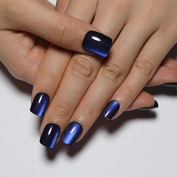 Dark Blue Press On Nails Square – Short Cat Eye Fake Nails with Color-Shifting Glow, Reusable Stick On Nails, 15 Sizes, 30 Nail Kit with Glue, Thick Glue On Nails for Women, M1-Midnight Mirage