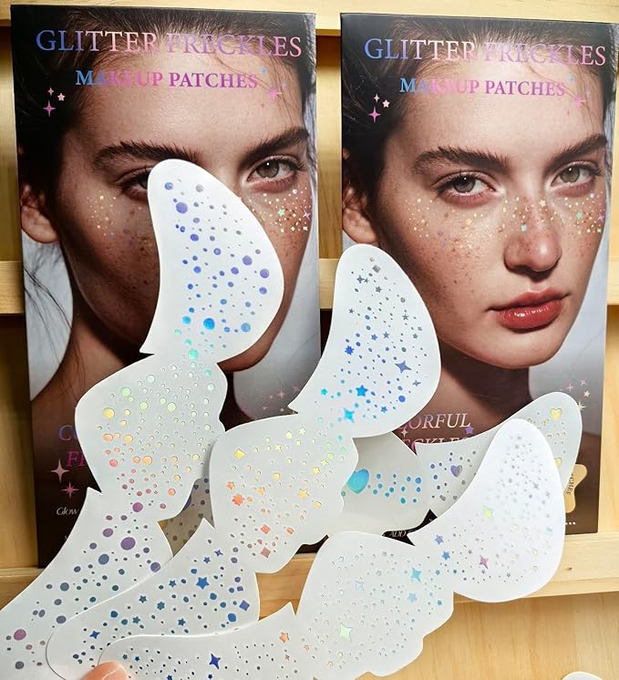 Glitter Freckles, Holographic Face and Body Glitter Tattoo Sparkle for Women Gold Glow Cosmetic Star Makeup Accessories for Festival Rave (Holographic)