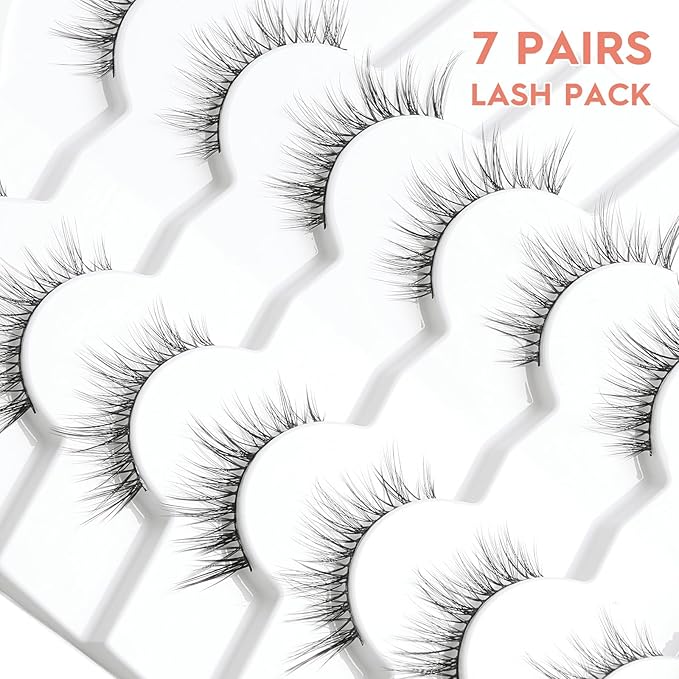 Wispy Lashes False Eyelashes Natural Cat Eye Lashes 12mm Strip Lashes withThin Band Siliglli Cat Eyelashes 3D Volume False Lashes C Curl Eyelashes Pack 7 Pair