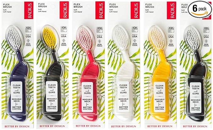 RADIUS Flex Brush with Soft Bristles Toothbrush BPA Free & ADA Accepted Designed to Improve Gum Health & Reduce Issues - Left Hand - Assorted - Pack of 6