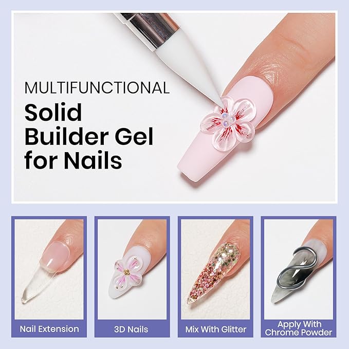 MIZHSE Solid Builder Gel Nail Kit with Nail Lamp, 3 Colors Builder Gel Clear Milky White Nude Hard Sculpting 3D Art U V LED Gels with Dual Form