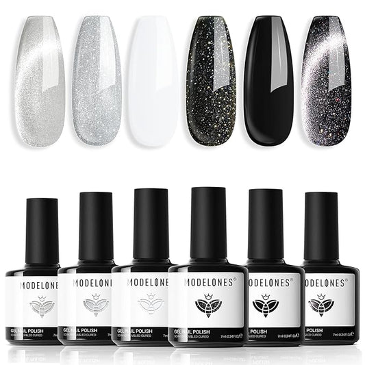 modelones Gel Nail Polish Set, 6 Colors Cat Eye Black White Gray Silver Glitter Shimmer Gel Polish Kit with Magnet Sparkle Galaxy Series Soak Off Nail Art Manicure Home Gift for Women Girl