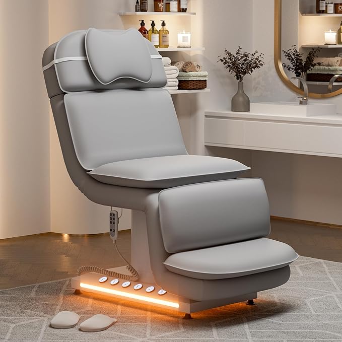 VARONXE Fully Electric Massage Table w/3 Motors, Professional Angle and Height Adjustable Spa Bed Facial Chair, Motorized Esthetician Bed Treatment Table for Beauty Salon, Grey