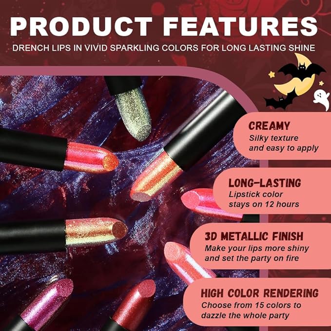 Kaely Glitter Color Changing Lipstick, Shimmer Metallic Lipsticks for Women, High Pigmented Lip Gloss Long Lasting Waterproof Smudge Proof 24 Hour, Halloween Makeup, Vegan & Cruelty-Free, 02