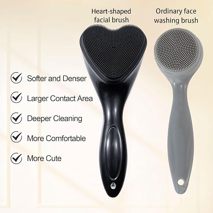 Silicone Face Scrubber Exfoliating Brush, Beomeen 2 Pack Manual Handheld Facial Cleansing Brush Blackhead Scrubber, Soft Bristles Waterproof for Face Skincare (Black,Heart)