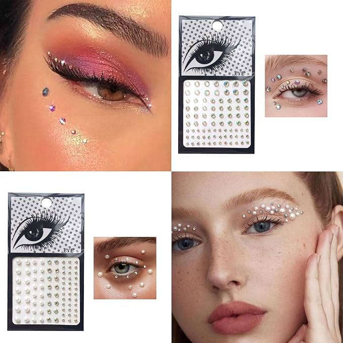 Silver Glitter Eyeshadow & 3Pcs Face Gems Stick on Set, Shimmer Cream Eye Shadow & Hair Jewels Face Rhinestones, Single Eyeshadow Palette & Body Gems Diamonds for Eye Makeup