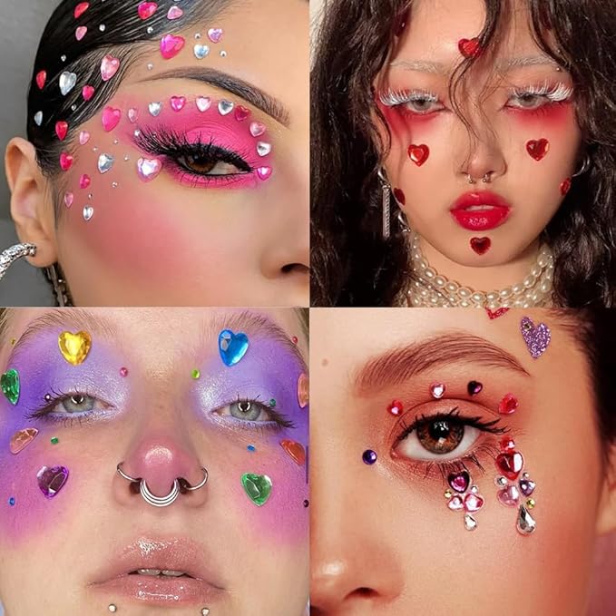 1269 Pieces Eye Face Gems Red Heart Gems Self-Adhesive Rhinestone Stickers for Makeup, Rainbow Glitters Jewels Face Stickers, for DIY Nail Body Accessories