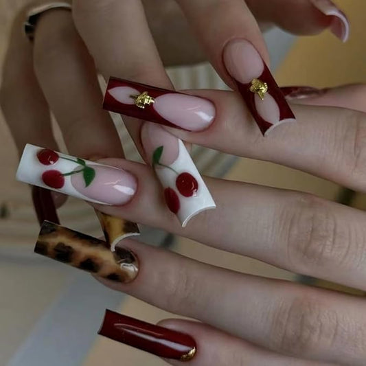 BABALAL Press on Acrylic Nails Long Square Fake Nails Brown Cheetah Glue on False Nails Red French Tip Y2k Wild Design 24pcs Manicure Stick Supplies DIY Artificial Art