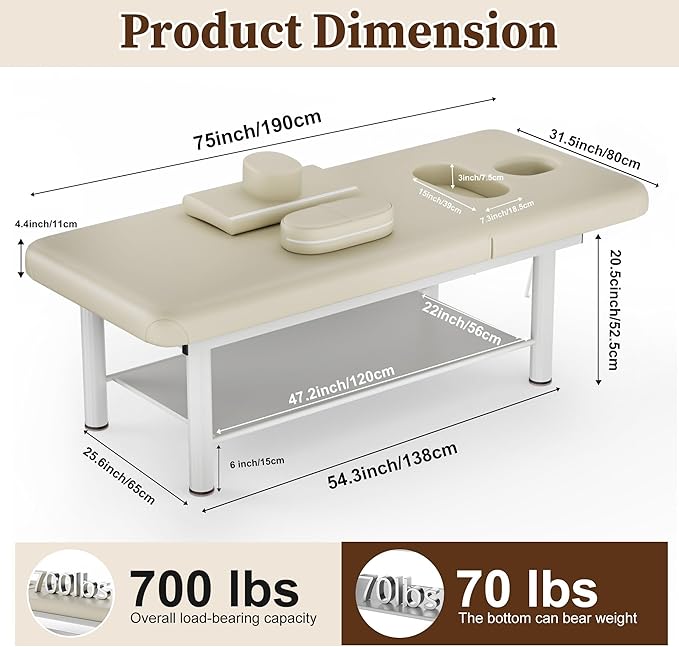 Olela Heavy Duty Stationary Massage Table with Adjustable Backrest, 31.5" Wide Professional Spa Facial & Therapy Bed, Metal Frame PU Leather Treatment Table for Salon & Clinic