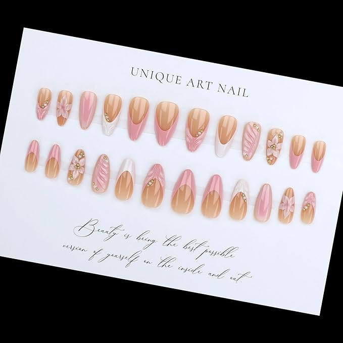 Pink French Tip Press on Nails Medium Almond Fake Nails with 3D Flower Designs Glossy Acrylic False Nails Golden Bead Artificial Glue on Nail Reusable Full Cover Stick on Nail for Women 24Pcs