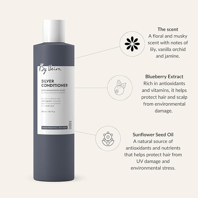 Silver Conditioner 10.1 Fl Oz, Anti-brass, Violet pigments Neutralizes Golden Tones & Gives Cool Tone, Colour preserving, 100% vegan & Sulphate/Silicone free