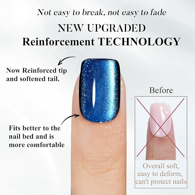 Press on Nails Short Square, Jofay Fashion Blue Cat Eye Press on Nails, Soft Gel Fake Nails, Reusable & Natural Acrylic False Nails, Stick on Nails for Women Girls Gift, Glue on Nails Kit 32 Pcs