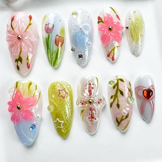 30Pcs 3D Flower Press on Nails Medium Almond Fake Nails with Gem Rhinestones Design Heart Bow Acrylic Nails Full Cover Cute Flowers False Nail Reusable Fall Stick on Nail for Women Manicure Decor