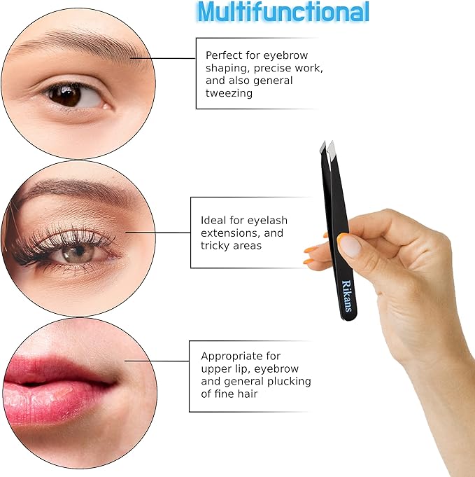 Rikans Precision Tweezers Set – Pack of 4 Black Professional Tweezers – Handy Carry Pouch – Superior Stainless Steel Tweezer Set – Splinters, Eyebrows, Facial or Ingrown Hair – Blackheads Remover