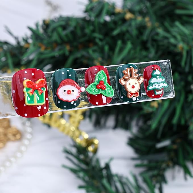 24Pcs Christmas Press on Nails Petite Short Square Fake Nails 3D Santa Claus Reindeer Design Winter Glue on Nails Xmas Tree Rhinestones Full Cover False Nail Cute Artificial Acrylic Nail Supplies Kit