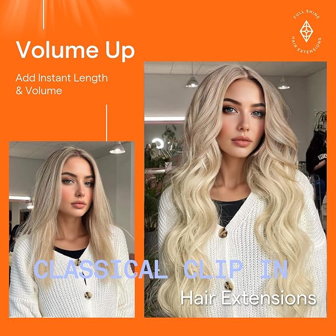 Full Shine Clip in Blonde Hair Extensions Real Human Hair Clip in Extensions for Short Hair Balayage Ash Blonde Double Weft Brazilian Straight Hair Extensions 12 Inch 7 Pcs 95 G