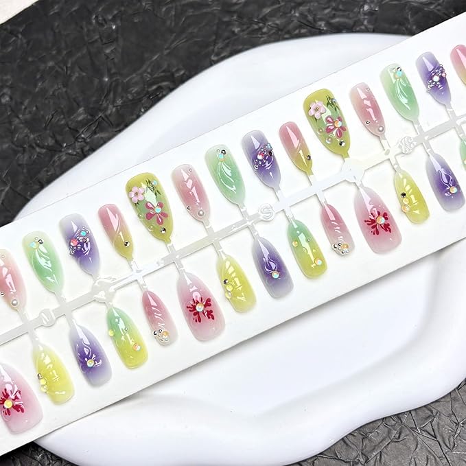 30Pcs Colorful Flower Press on Nails Medium Almond Fake Nails with Rhinestones Design 3D Carved Floral Flash Pearl False Nails French Nail Tips Ins Blush Gradient Full Cover Artificial Nails for Women