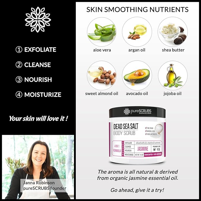 pureSCRUBS Premium Jasmine Body Scrub Set - Large 16oz Dead Sea Salt Body Scrub With Infused Essential Oils & Nutrients Includes Wooden Spoon, Loofah & Oatmeal Exfoliating Bar Soap