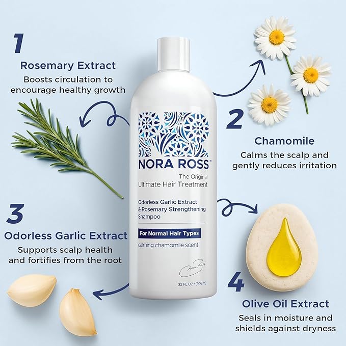 Nora Ross Garlic Extract & Rosemary Strengthening Shampoo and Conditioner Set – Natural Shampoo and Hair Conditioner for Normal to Dry, Brittle Hair – All Natural Scalp Cleanser Formula – 32 oz each