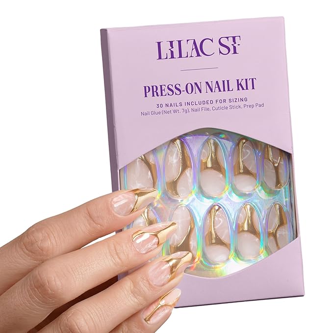 Lilac St - Press On Nails, Gold In My Veins (30 Nails, 15 Sizes) - Long, Almond, Glossy, Opaque - Brush-On Nail Glue, Nail File, Cuticle Stick, Prep Pad - Reusable - Cruelty Free, Vegan, Women Founded