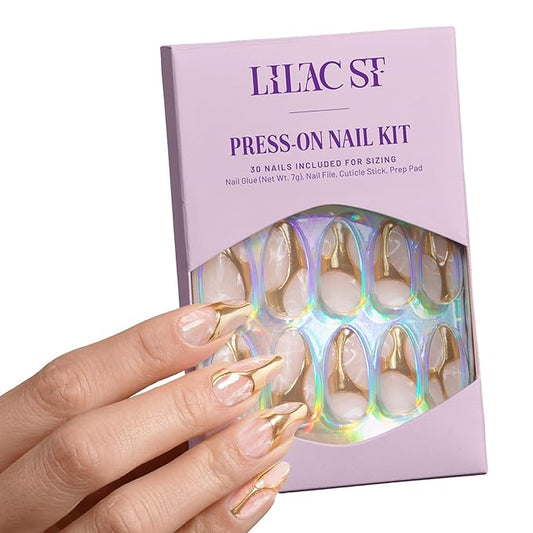 Lilac St - Press On Nails, Gold In My Veins (30 Nails, 15 Sizes) - Long, Almond, Glossy, Opaque - Brush-On Nail Glue, Nail File, Cuticle Stick, Prep Pad - Reusable - Cruelty Free, Vegan, Women Founded
