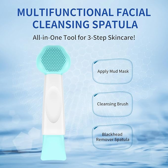 Silicone Face Scrubber, 3 in 1 Pore Brush Skin Scrubber Face Spatula with Face Mask Applicator Tool, Pore Cleaner, Blackhead Remover, Makeup Removal, Mud Mask, Body Lotion (Blue)