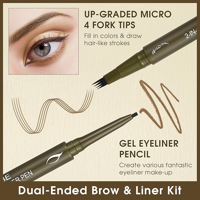 UCANBE Eyebrow Pencils for Women with Spoolie Brush, Dual-Ended Eyebrow Pen with 4-Fork-Tip & Gel Eyeliner, Microblading Brow Pen with Eyeliner Pencil + Brow Brush for Hair Like Brows, Light Brown