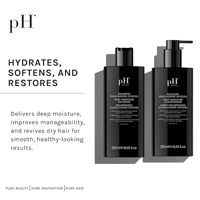 pH PURE HAIR Deep Moisture Shampoo & Conditioner Set - Moisturizing Formula For Dry Damaged Hair - Enriched with Kokum Nut Butter and Rose Extract - 8.45 Oz (Pack of 2)