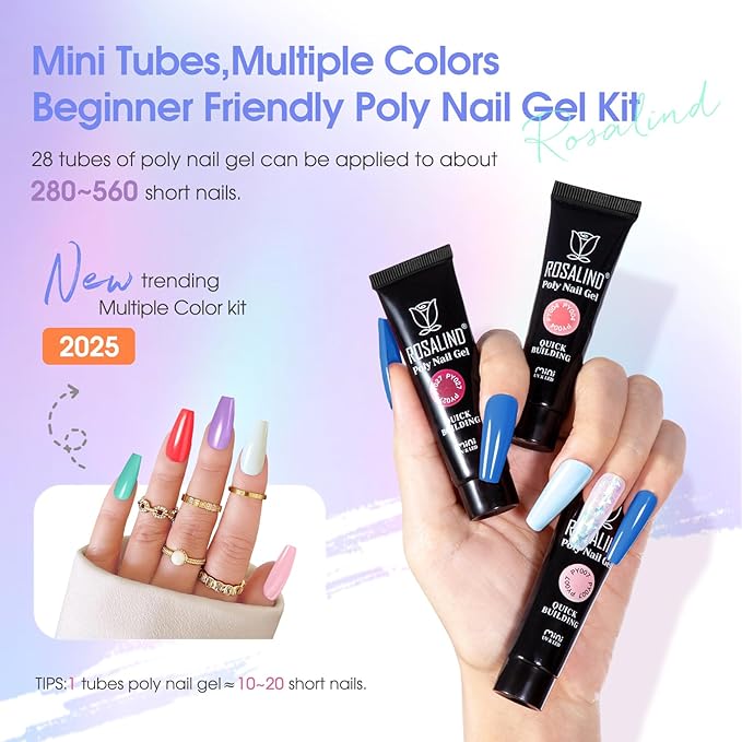 ROSALIND 28 Colors Poly Nail Gel Kit With Mini Lamp - Clear Neon Starter Kit for Beginners, Halloween, Spring, Summer With Everything
