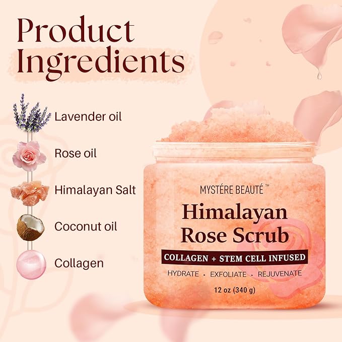 Himalayan Salt Body Scrub 12 oz - with Collagen and Stem Cells - Exfoliating Salt Scrub for Cellulite - Deep Cleansing for Acne, Scars, Wrinkles - Moisturizes Skin