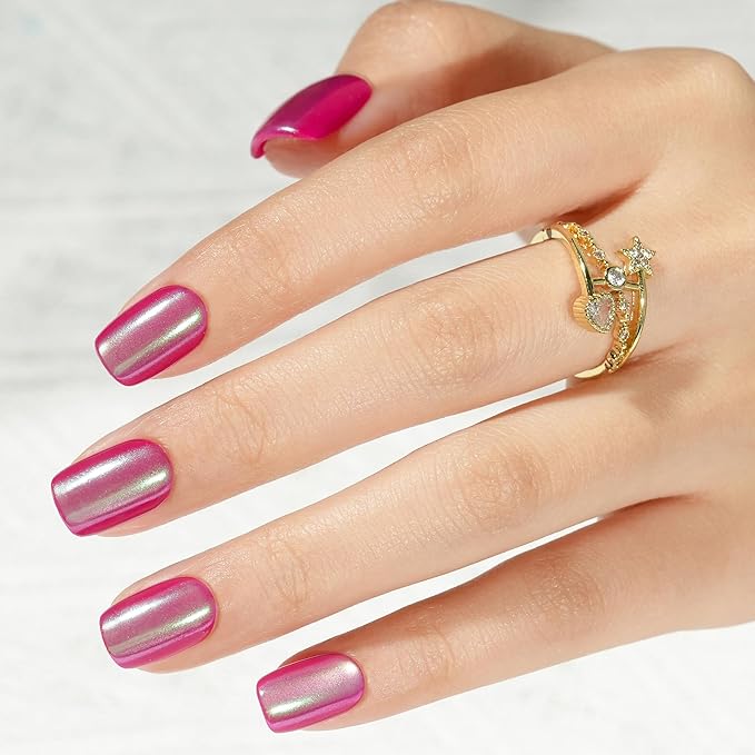 Press on Nails Pink Chrome- Jofay Fashion Press on Nails Short Square, Stick On Nails in 16 Sizes -160PCS Soft Gel Fake Nails Kit for Valentines Day Gift