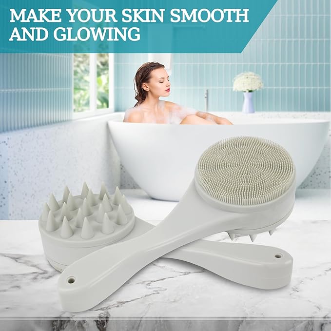 2 Pack Silicone Facial Cleasing Brush and Hair Scalp Massager Shampoo Brush 2 in 1 Double Sided Face Scrubber Scalp Scrubber Manual Exfoliating Light Gray