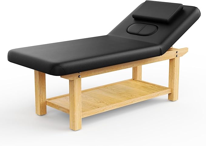 Wooden Massage Bed Adjustable Heavy-Duty Wide Stationary Massage Table for Treatment Physical Therapy Table Professional Stationary Spa Facial Bed, PU Leather, 31.5'' W × 75'' L