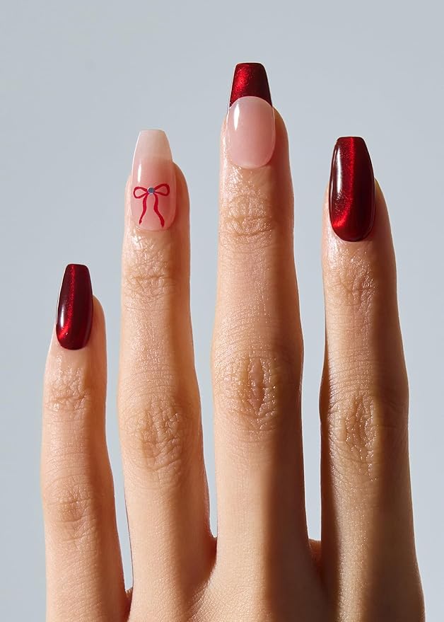 ohora Semi Cured Gel Nail Strips (N Crimson Bow) - Works with Any Lamps, Salon-Quality, Long Lasting, Easy to Apply & Remove - Includes 2 Prep Pads, Nail File & Wooden Stick