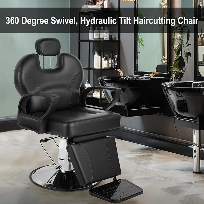 Salon Chair for Hair Stylist, 360 Degree Rotating Barber Chair with Heavy Duty Hydraulic Pump, Spa Beauty Equipment for Hair Stylists, Tattoo Artists, Cosmetologists (Black)