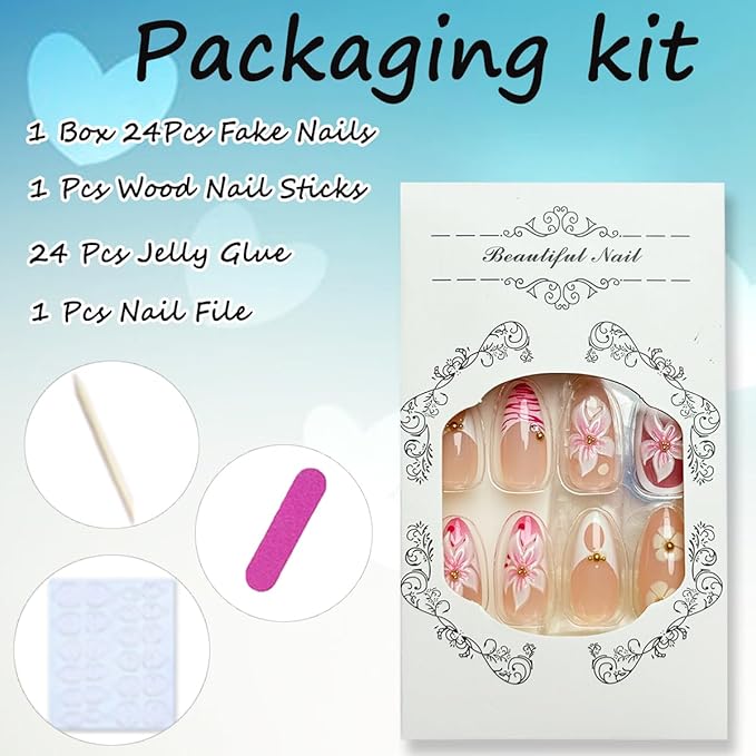 Pink Flower Press on Nails Medium Almond Fake Nails with Designs 3D Floral Gold Pearl Summer False Nails French Tip Glue on Nails Almond Shape Acrylic False Nails Tip Stick on Nails for Women 24Pcs