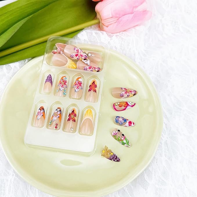 24pcs Colorful Flower Press on Nails Medium Almond Fake Nails with 3D Summer Floral Butterfly Rhinestone Design Glue on Nails French Tip False Nails Gold Beads Acrylic Nails Stick on Nails for Women