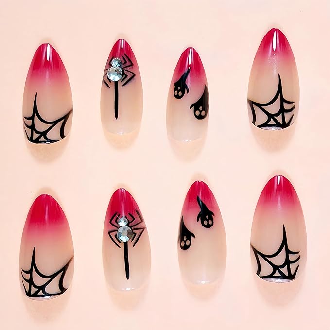 24Pcs Halloween Press on Nails Medium Almond Fake Nails with Spider Star Rhinestones Design Goth Cute Ghost Ghost Acrylic Nails Full Cover Stick on Nails Pink Red Gradient Glue on Nails for Women