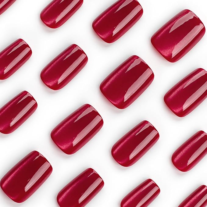 Vintage Red Cat Eye Press-On Nails – 24 Square Nails, 12 Sizes, Glossy Gel, Magnetic Shimmer, Long-Lasting, Includes Tool Kit, Easy DIY